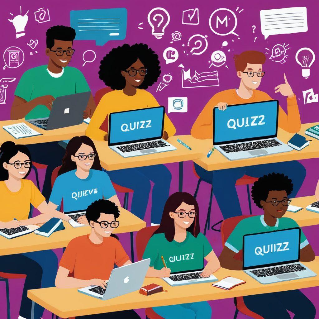 A dynamic scene showing a diverse group of students excitedly taking online quizzes on their laptops and tablets, surrounded by various educational icons like books, pencils, and question marks. The backdrop includes a digital chalkboard filled with motivational phrases and graphs of upward progress. vector art. vibrant colors. engaging and lively.