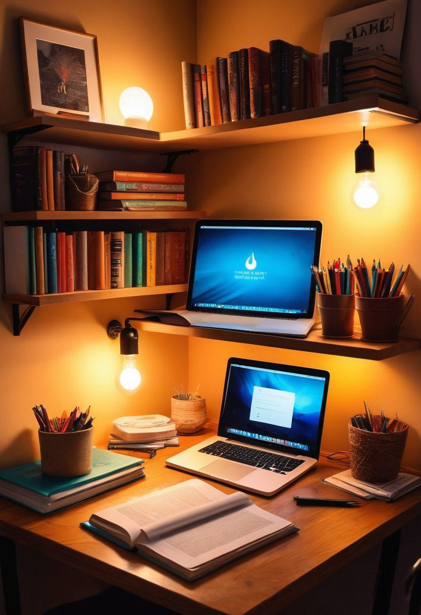 A confident student sitting at a desk surrounded by open books and a laptop, with a lightbulb above their head signifying a bright idea. In the background, shelves filled with neatly organized study resources and a cozy study corner. The scene should exude motivation and positivity, perfect for someone conquering exams. vibrant colors. super-realistic. welcoming atmosphere.