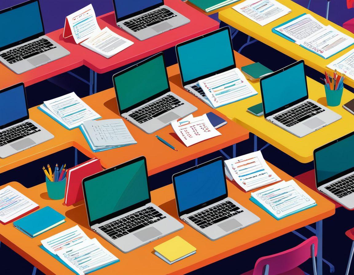 A busy yet organized study desk with open laptops displaying different exam simulations, a variety of learning materials, and colorful vectors of students engaging actively with the applications. Include elements like checklists, progress trackers, and exam tools to signify preparation and readiness. vibrant colors. vector art.